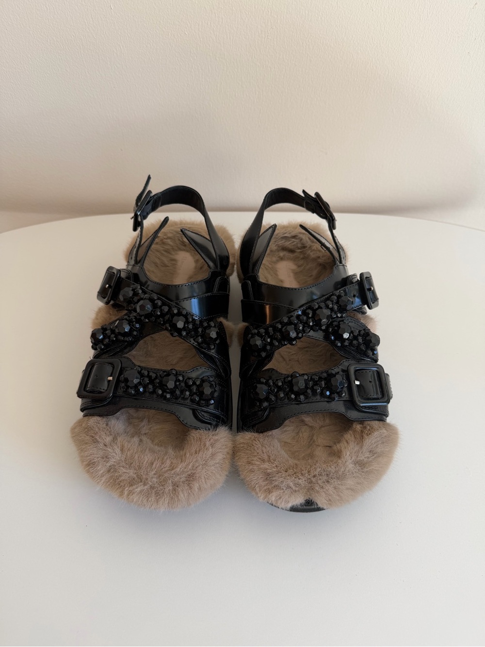 Simone Rocha Black Beaded Faux-Fur Strap Mules